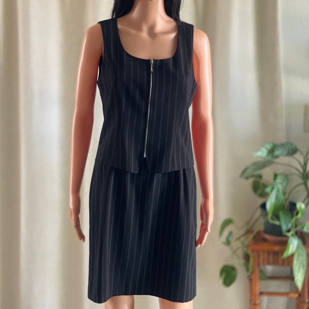 Vintage 90s Ann Taylor Pinstripe Faux Vest Zip Front Sheath Dress Black Size 4 - Picture 2 of 7